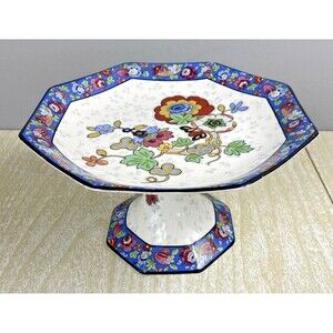 Vintage Crown Ducal England Blue Chintz Octagonal 8.5” Pedestal Bowl / Dish